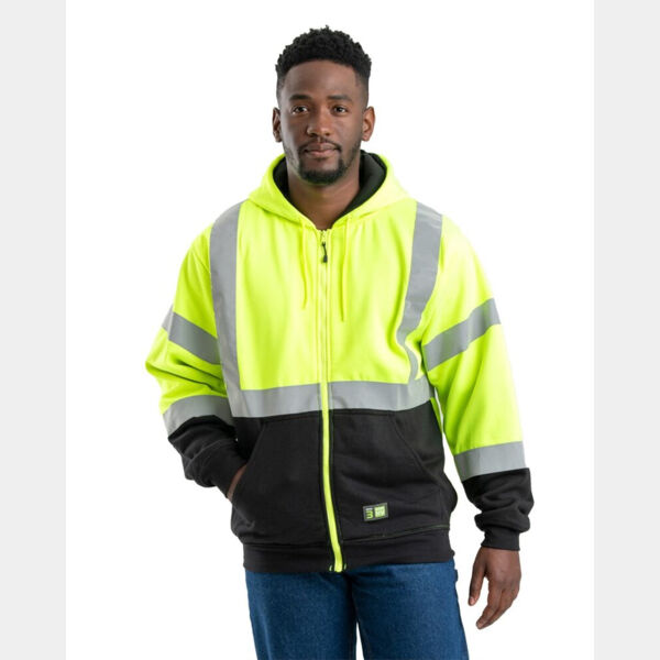 Men's Hi-Vis Class 3 Color Block Full-Zip Hooded Sweatshirt Thumbnail